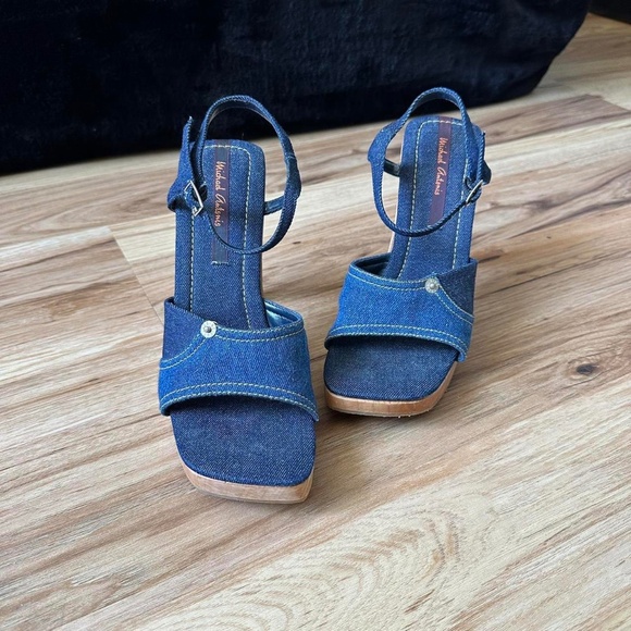 Vintage 90s Designer Platform Denim Heels - Picture 1 of 7